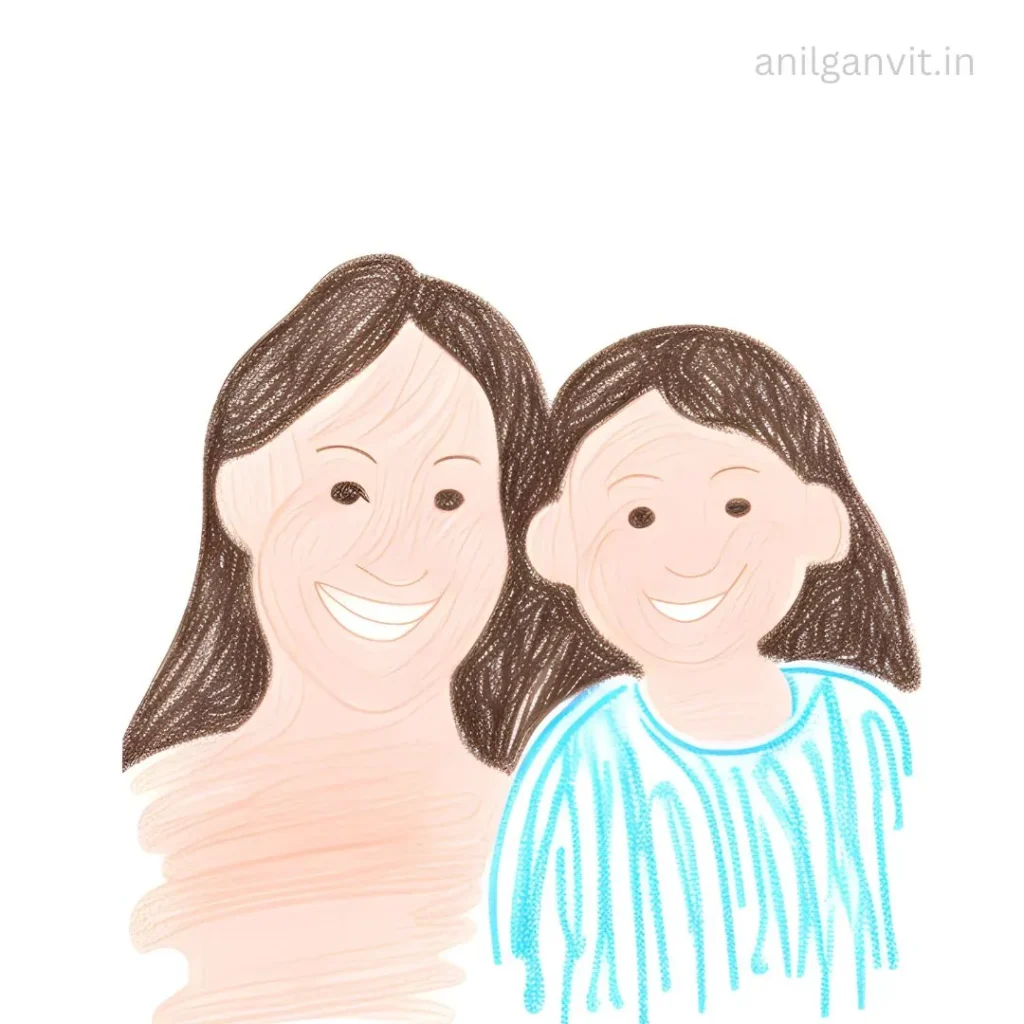 Mother and daughter drawing pencil sketch